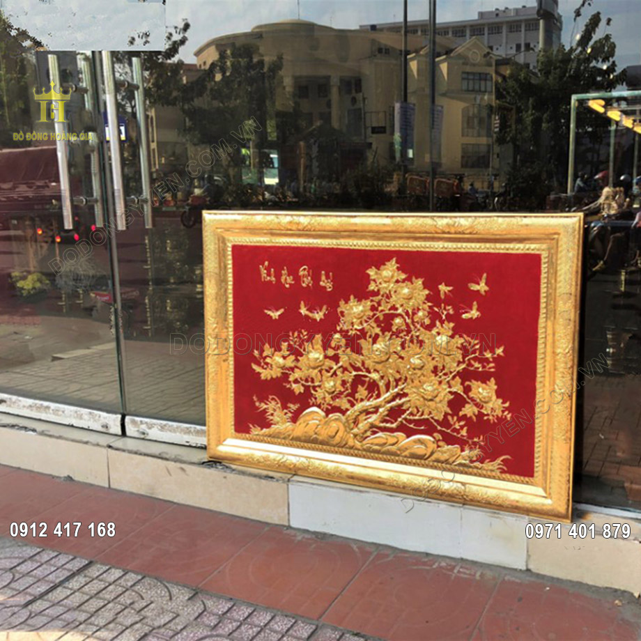 Tranh hoa mẫu đơn khung đồng mạ v&agrave;ng 24K 1m37